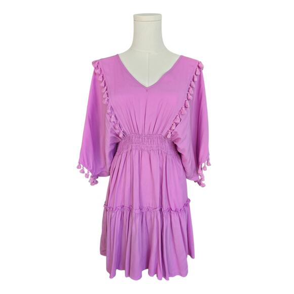 RUSTYYDUSTTY Lavender Tassel Trim Smocked V-Neck Short Sleeve Dress - Picture 3 of 5
